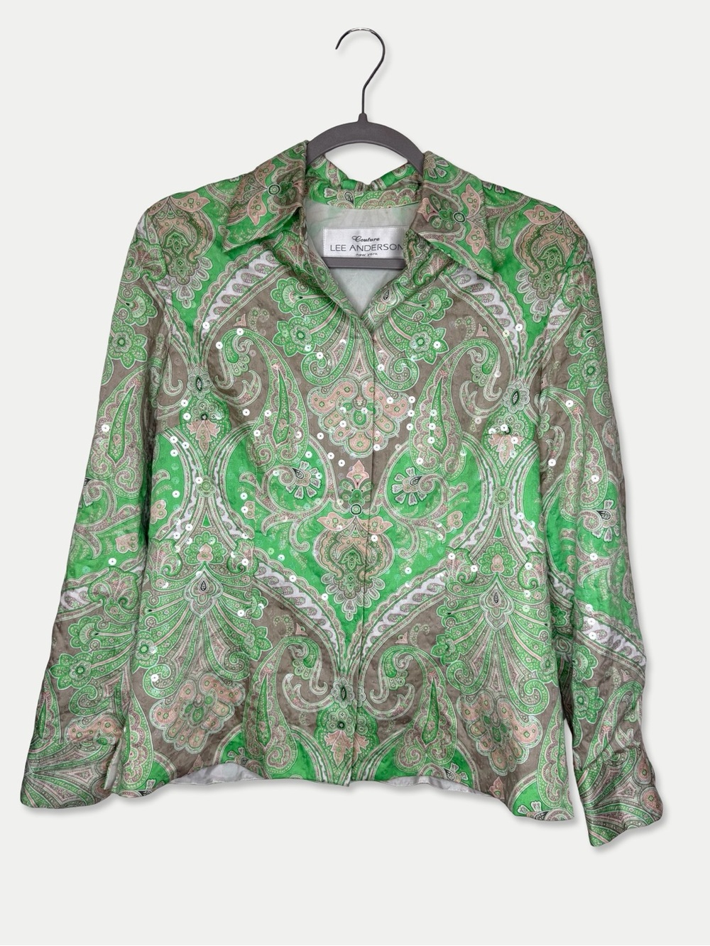 Lee Anderson Couture Paisley Sequin Embellished Green Evening Jacket Blazer M